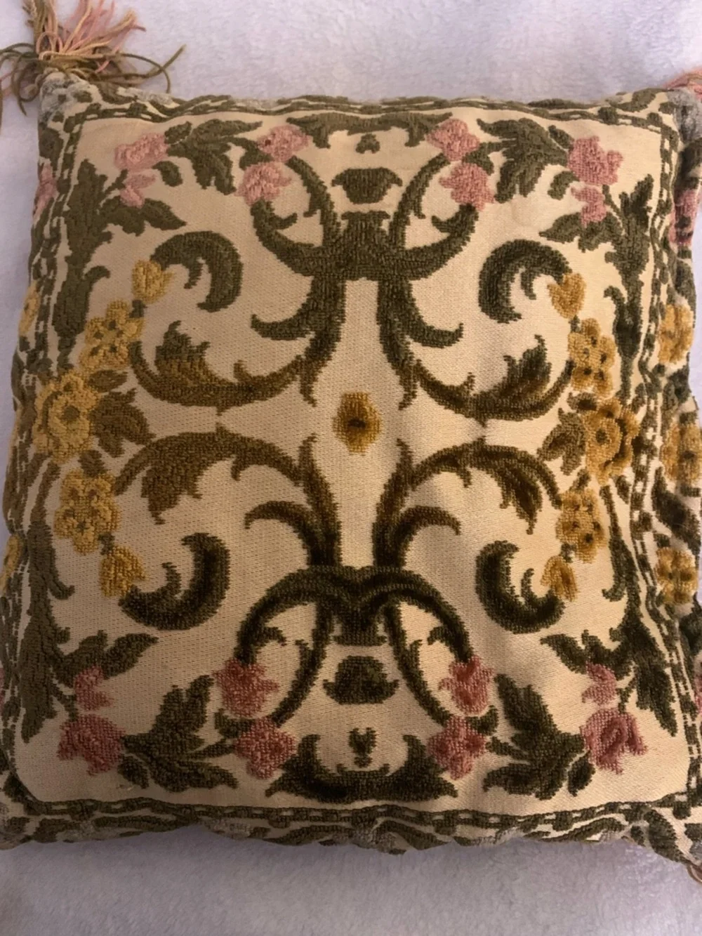Antique Velvet Damask Floral Throw Pillows with Tassel Trim approx 10 x 10